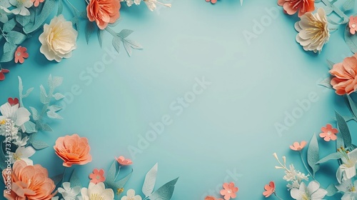 A vibrant blue background adorned with delicate paper flowers and leaves. Perfect for adding a pop of color and a touch of nature to any design or project