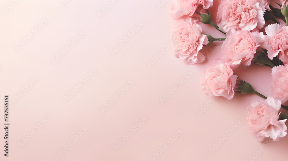 pink carnations flowers on side of pastel rose background with copy space pink carnations flowers on side of pastel rose background with copy space