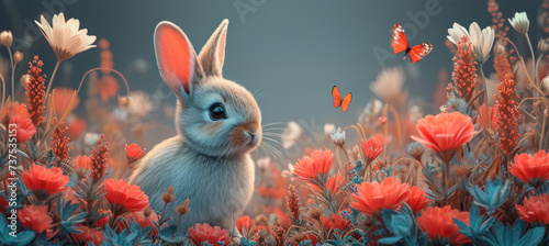 a painting of a rabbit in a field of flowers with a butterfly flying in the sky in the foreground.