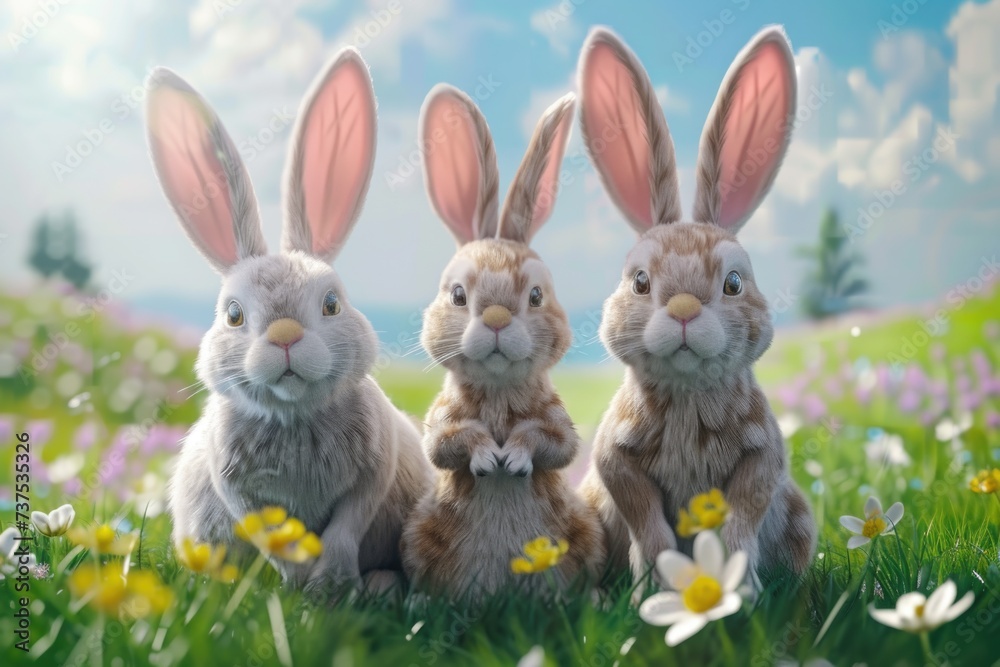 Three adorable rabbits sitting in a vibrant field of colorful flowers. Perfect for nature lovers or animal enthusiasts. Three adorable rabbits sitting in a vibrant field of colorful flowers. Perfect for nature lovers or animal enthusiasts.
