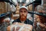 Confident male food distributor in uniform with a ginger beard and mustache transports and manufactures meat products prioritizing consumer well being