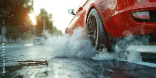 A close up view of a red car on a wet road. This image can be used to depict rainy weather or driving conditions