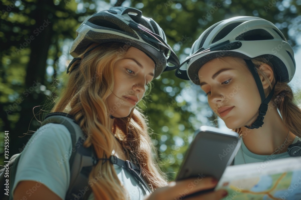 Two women wearing helmets are seen looking at a map, planning their next adventure. This image can be used to depict travel, exploration, road trips, or teamwork Two women wearing helmets are seen looking at a map, planning their next adventure. This image can be used to depict travel, exploration, road trips, or teamwork