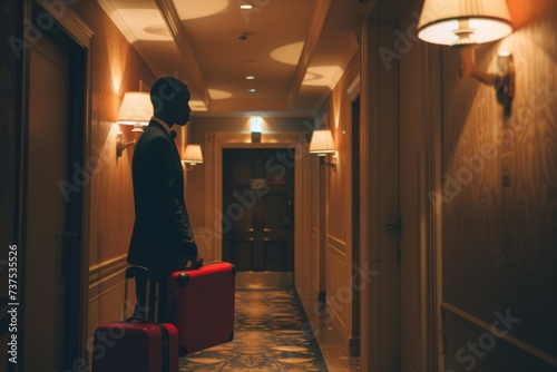 Bellboy delivering luggage to hotel room door