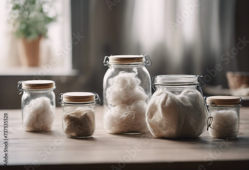 Set of jars and cotton mesh bag for zero waste shopping photo