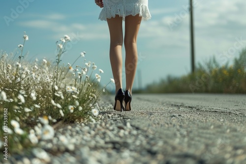 A woman in a white dress walking down a road. Perfect for fashion or lifestyle themes