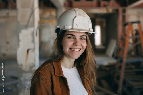 Cheerful woman in production workshop confidently poses in a waist up portrait wearing a hardhat and smiling at the camera copy space available