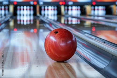 Bowling ball set to roll with 10 pins in the background