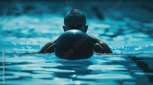 A man is seen swimming in a pool, holding a frisbee. This image can be used to depict leisure, summer activities, or a fun day at the pool © Fotograf
