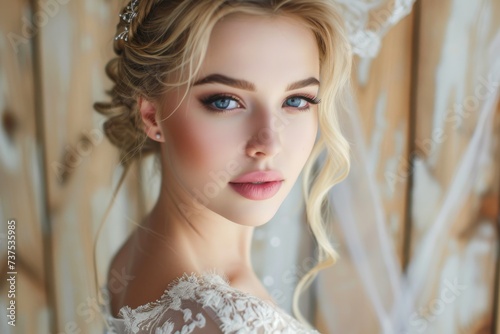 Blond bride s portrait displaying love with wedding makeup hairdo and decoration