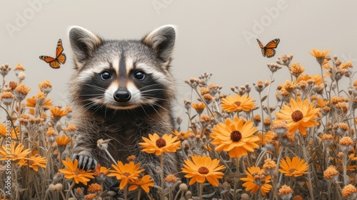 a raccoon standing in a field of yellow flowers with a butterfly flying over the top of its head.