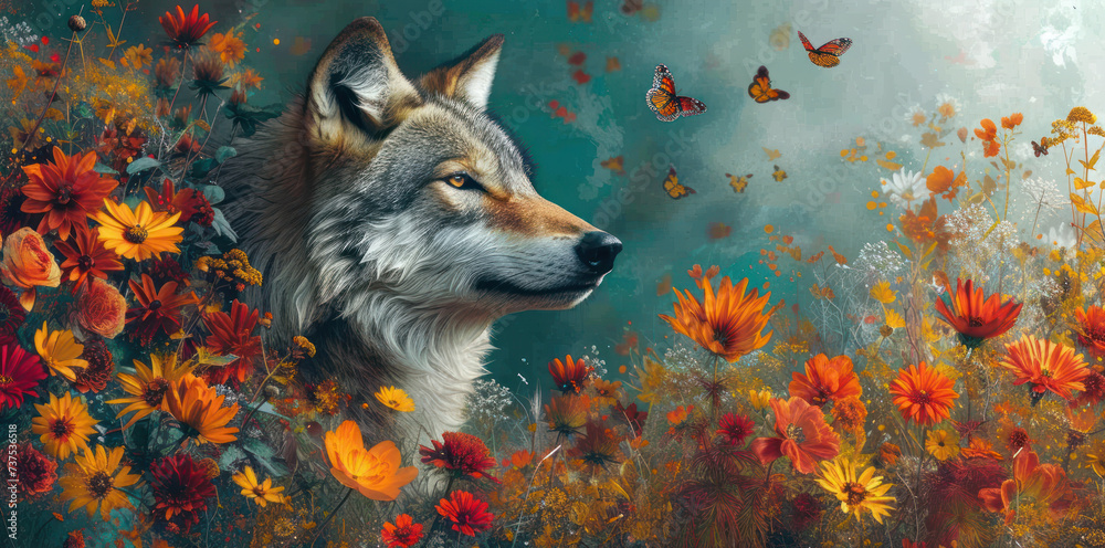 a painting of a wolf standing in a field of flowers with a butterfly flying over the top of his head. a painting of a wolf standing in a field of flowers with a butterfly flying over the top of his head.