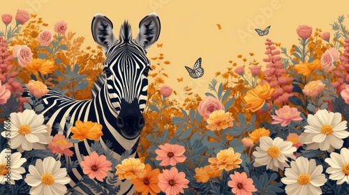 a painting of a zebra standing in a field of flowers with a butterfly in the sky in the middle of the picture.