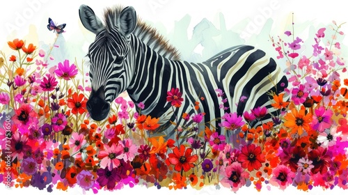 a watercolor painting of a zebra in a field of flowers with a butterfly on the back of the zebra.
