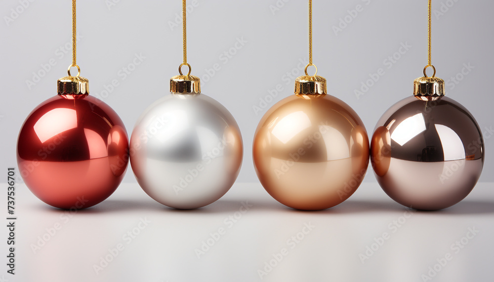 Shiny gold ornaments hanging in a row, celebrating Christmas joy generated by AI Shiny gold ornaments hanging in a row, celebrating Christmas joy generated by AI