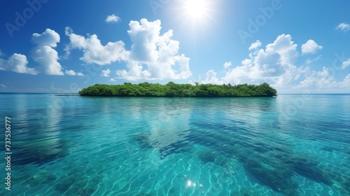 a small island in the middle of a body of water with a bright blue sky and clouds in the background.