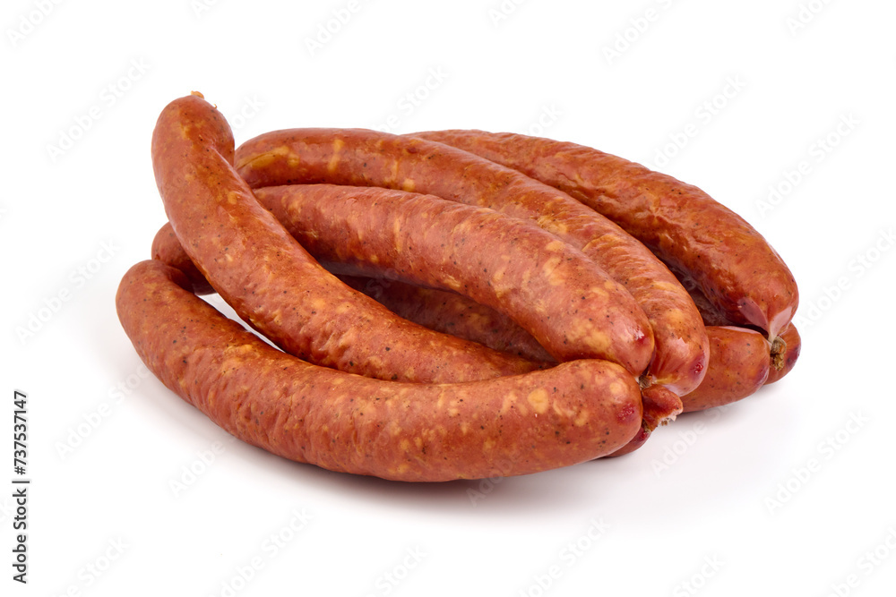 Long thin smoked sausages, isolated on white background Long thin smoked sausages, isolated on white background
