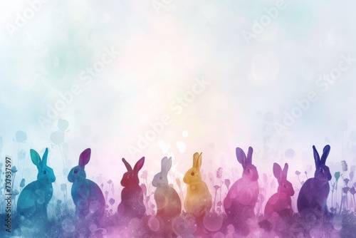 Happy Easter Eggs Basket astilbes. Bunny in flower easter Electric decoration Garden. Cute hare 3d Egg relay easter rabbit spring illustration. Holy week gray bunny card wallpaper writing canvas