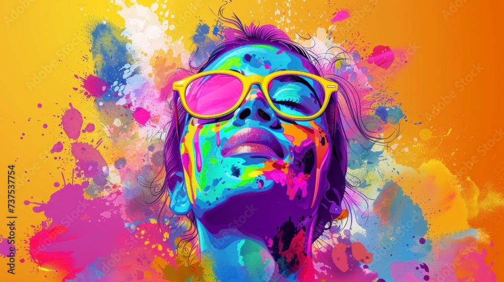 illustration of person with glasses celebrating Holi hai with bright colored smoke in high resolution