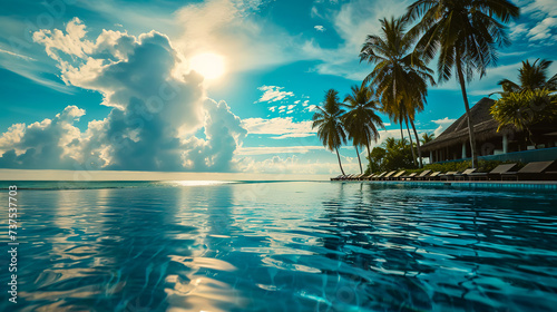 Stunning landscape, swimming pool blue sky with clouds. Tropical resort hotel in Maldives.