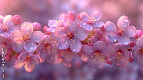 a bunch of pink flowers with drops of water on them and a blurry background of pink flowers with drops of water on them.