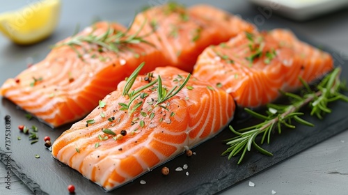 a close up of salmon on a cutting board with a lemon and rosemary garnish on top of it.