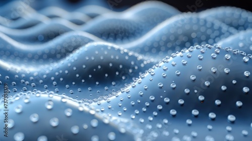 a close up view of water droplets on a blue surface with a black back ground and a black back ground. © Shanti