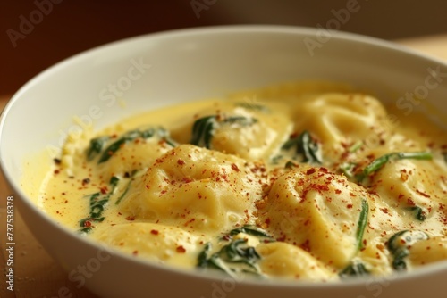 Cheese filled pasta in a creamy Tuscan sauce with spinach and spicy red pepper flakes
