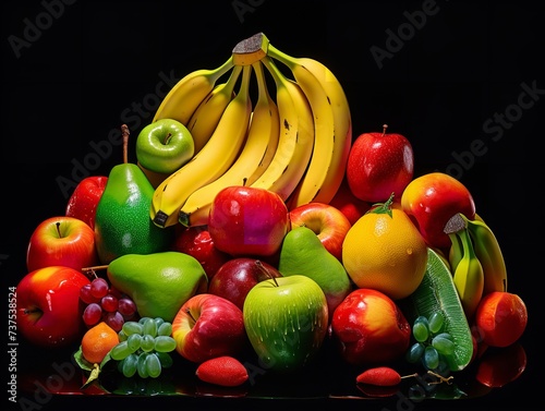 A vibrant still life showcasing a diverse selection of natural produce, including apples, bananas, mangoes, and grapes, highlighting the benefits of whole food, vegan nutrition, and local, vegetarian photo