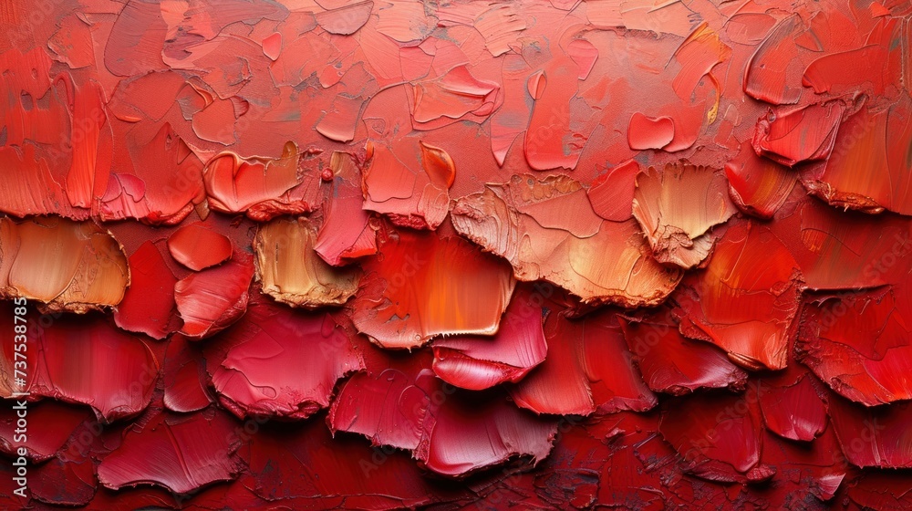 a close up of a painting of red and gold paint on a red and gold wall with a white background.