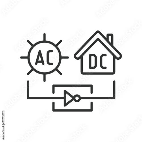 AC DC solar systems icons in line design. AC, DC, solar, systems, energy, technology, power, electricity, renewable isolated on white background vector. AC DC solar systems editable stroke icon.