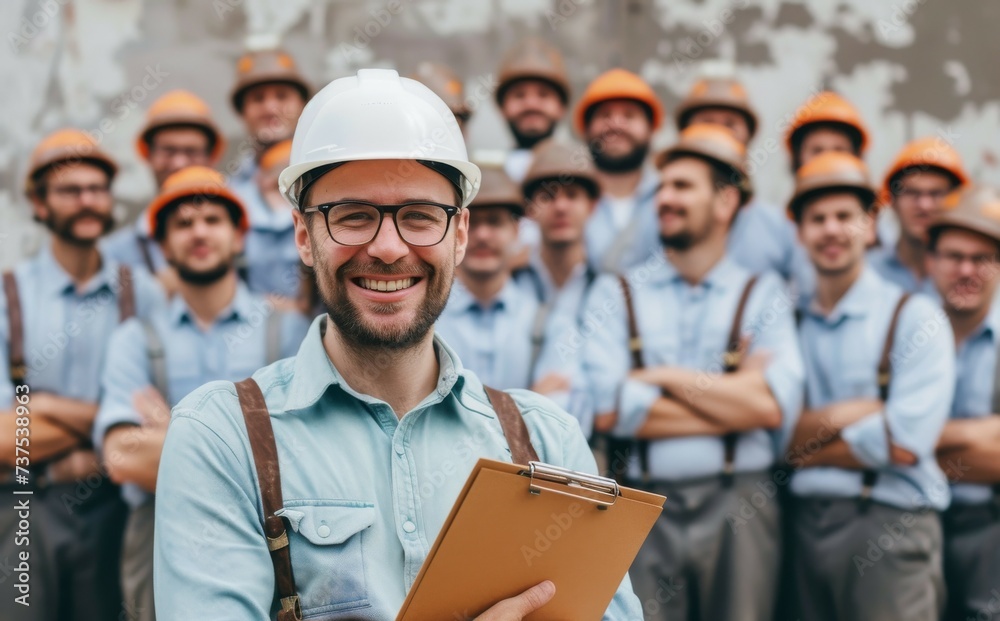 Construction site with happy builder in hardhat overseeing paperwork and people Construction site with happy builder in hardhat overseeing paperwork and people