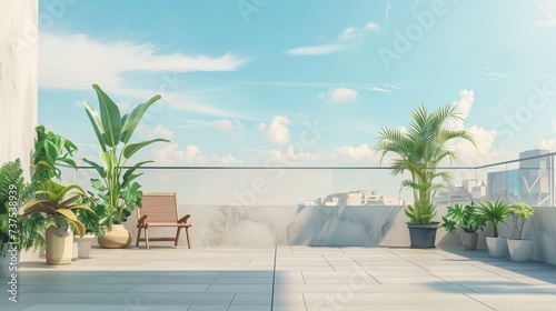 rooftop garden with potted plants in minimal style