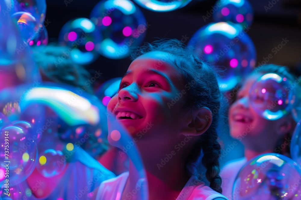 child smiling and looking at colorful bubbles