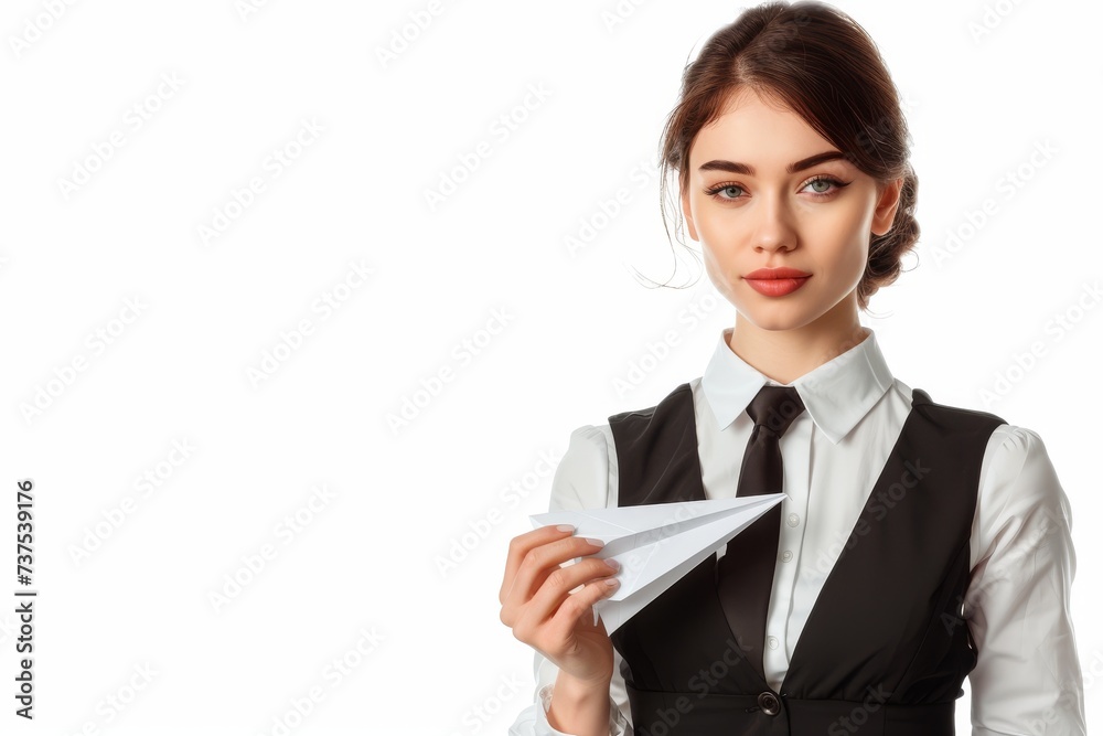 Female flight attendant with paper airplane on white background ready to serve passengers Female flight attendant with paper airplane on white background ready to serve passengers