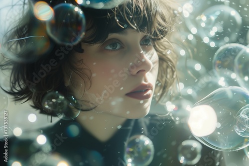 portrait of a woman surrounded by bubbles