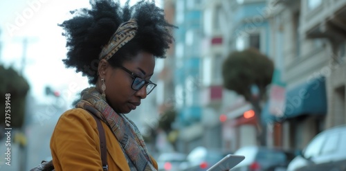 Black female architect using touchpad outdoors