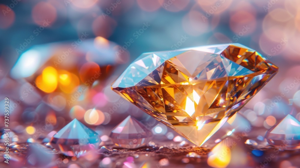 a close up of a yellow diamond surrounded by other diamond shapes on a blue and pink background with boke of light. a close up of a yellow diamond surrounded by other diamond shapes on a blue and pink background with boke of light.