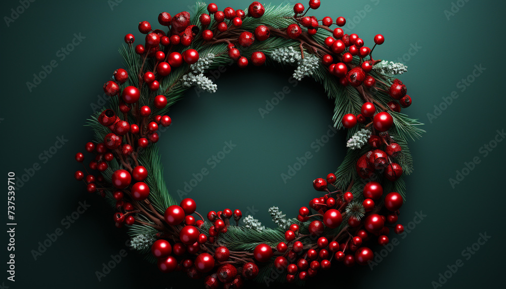 Winter celebration gift of nature, shining wreath on Christmas tree generated by AI