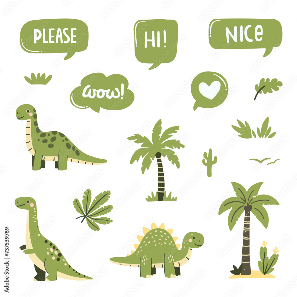 Fototapeta premium Baby dinosaur. Cute Adorable Little Children's Jurassic Dinosaur Collection Funny Children's Toy Dinosaur. Vector isolated set