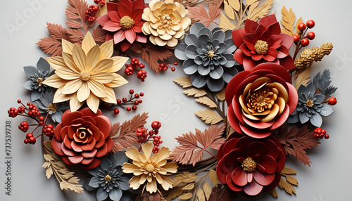 Nature beauty in autumn colorful leaves, floral patterns, and wreaths generated by AI