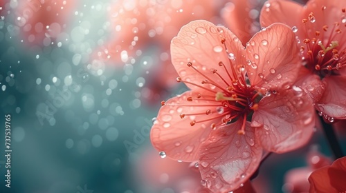 a close up of a flower with drops of water on the petals and a blurry background of water droplets on the petals.