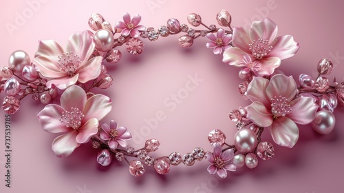 a close up of a bunch of flowers on a pink background with pearls and pearls in the middle of the frame.