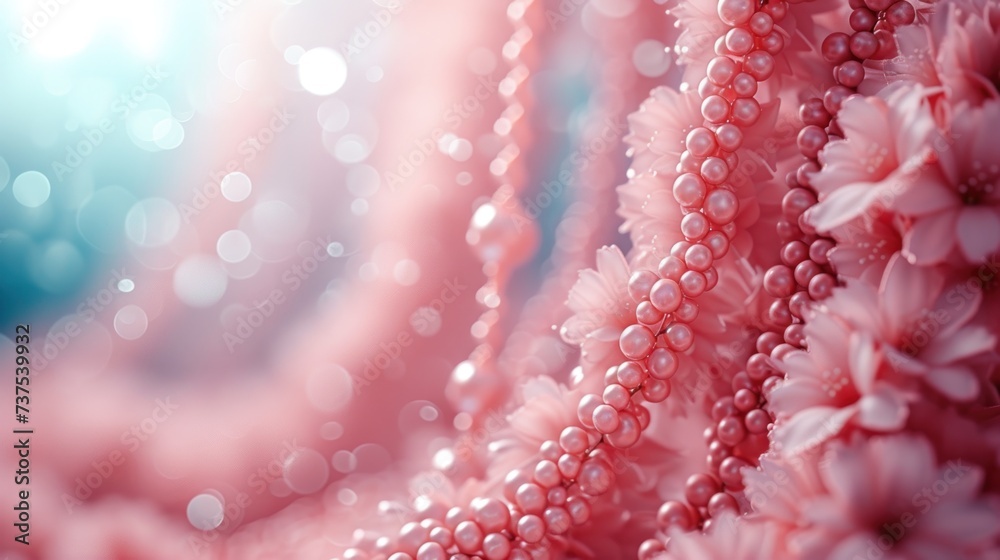 a bunch of beads hanging from the side of a blue and pink flowered dress with water droplets on it. a bunch of beads hanging from the side of a blue and pink flowered dress with water droplets on it.