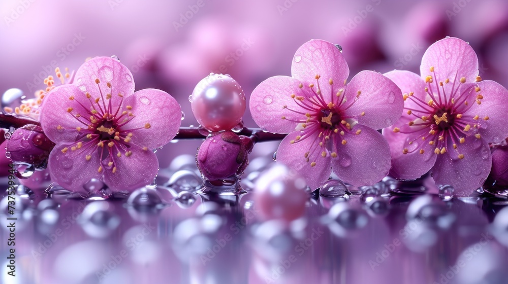 a close up of a bunch of flowers with drops of water on the petals and a pearl in the middle of the petals. a close up of a bunch of flowers with drops of water on the petals and a pearl in the middle of the petals.