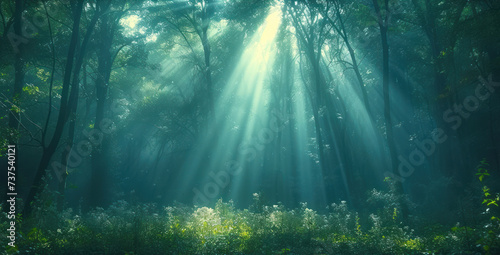 a forest filled with lots of green trees and lots of sunlight shining through the leaves on the branches of the trees.