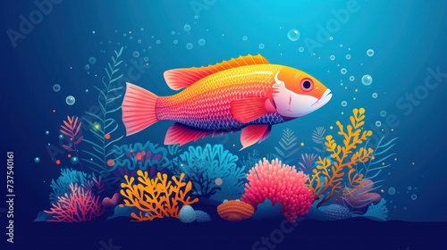 an underwater scene with a goldfish and corals on a dark blue background with sunlight shining through the water. photo