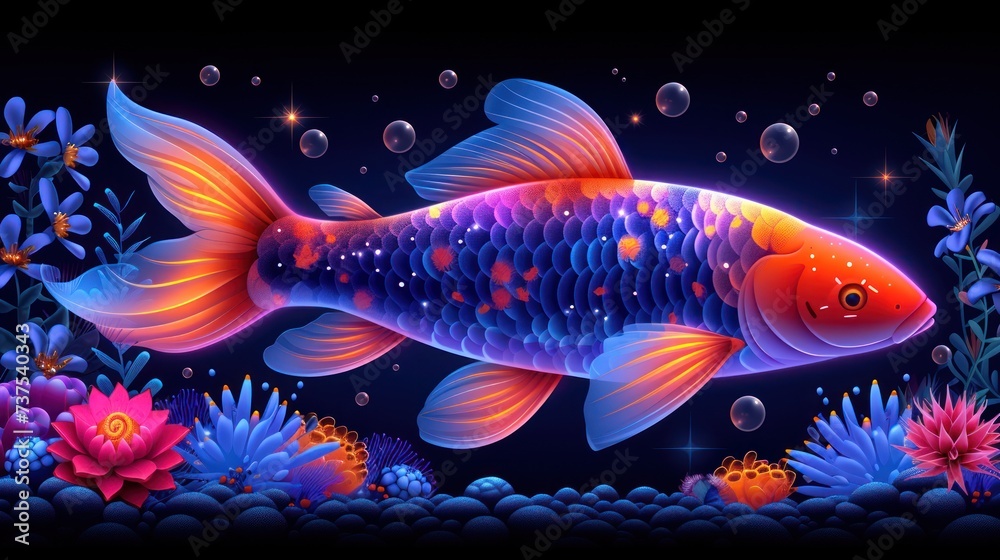 a painting of a goldfish in a sea of flowers and algaes with bubbles of water on a black background. a painting of a goldfish in a sea of flowers and algaes with bubbles of water on a black background.