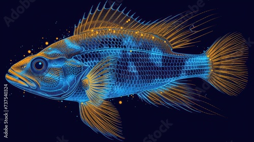 a close up of a fish on a black background with a blue and yellow fish on it's side.