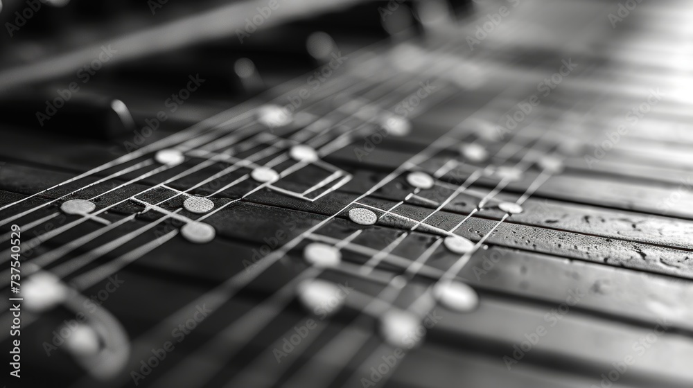 a black and white photo of a musical instrument with notes on it's frets and on top of a piano keyboard. a black and white photo of a musical instrument with notes on it's frets and on top of a piano keyboard.